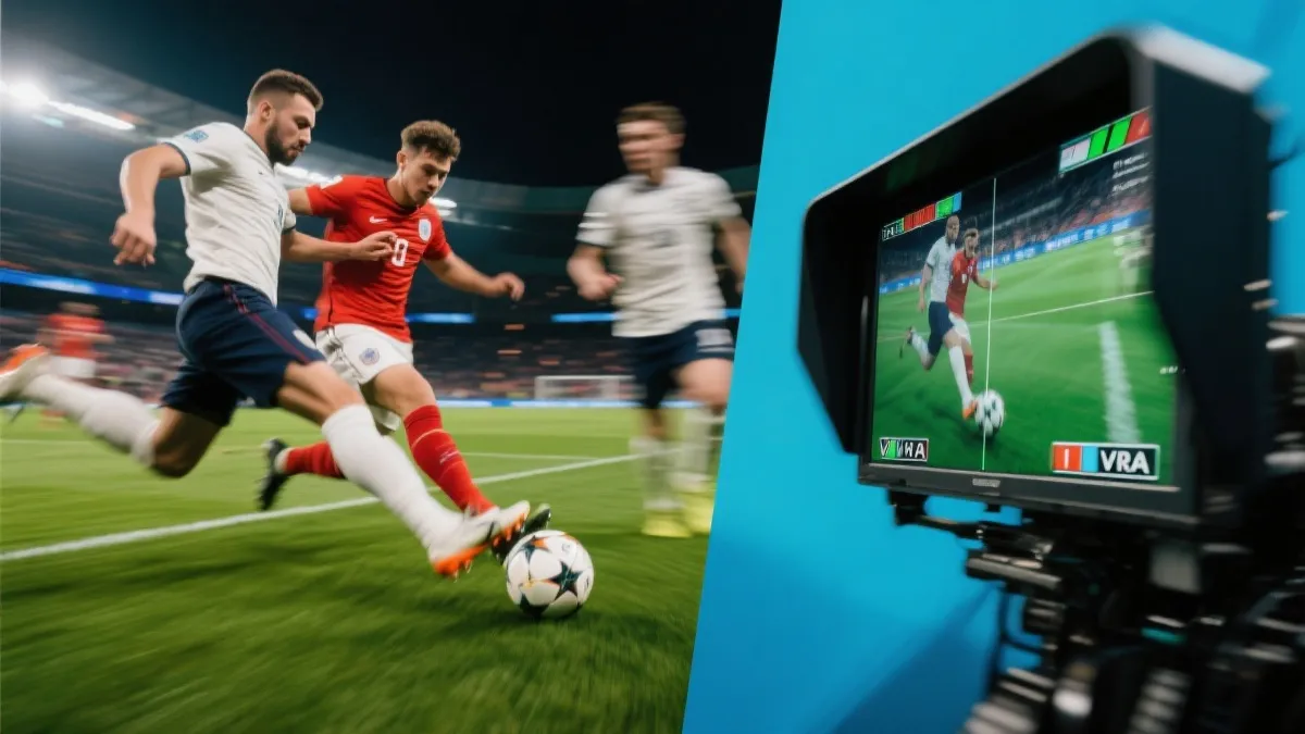 高速对抗下的铲抢瞬间与VAR回放屏幕的并置画面，强调现代判罚语境